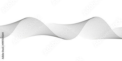 Minimalist Grayscale Wavy Line Graphic with Flowing Black and Gray Curves Creating Soundwave Frequency Ribbon on Transparent Background.