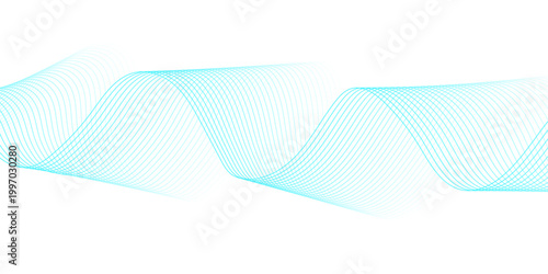 Abstract Turquoise and Blue Flowing Wave Lines on Light Background Forming Smooth Dynamic Soundwave Pattern with Layered Curves in Modern Minimal Tech Style.