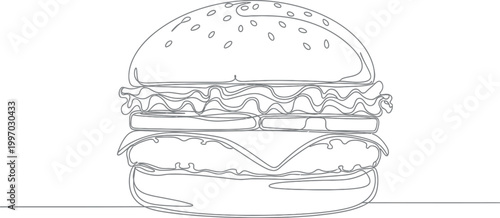 A beautiful continuous line drawing of a delicious gourmet hamburger, featuring multiple layers of fresh ingredients like lettuce, tomato, and cheese, ready for a quick meal.