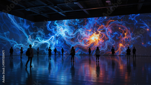 People observing a large digital art installation