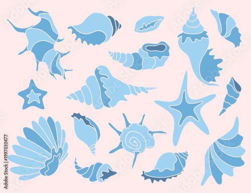 Blue Sea Shells and Starfish Scandi Vector Set