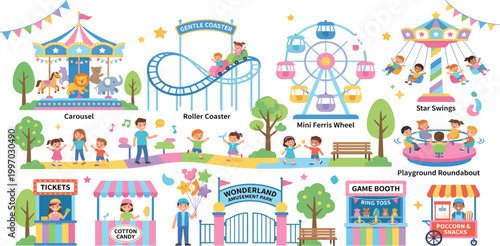 Wonderland amusement park flat vector set featuring carousel, roller coaster, mini ferris wheel, game booths, food stalls, and happy children playing outdoors.