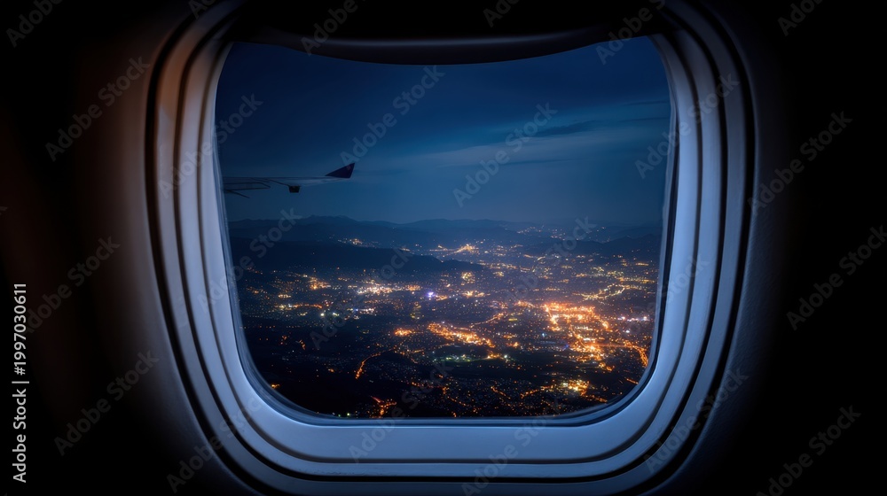 Naklejka premium Nighttime Cityscape from Airplane Window Showcasing a Stunning View of Illuminated Urban Landscape with Wing of Aircraft Captured in Flight