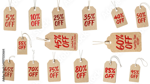 Rustic brown paper price tags with red discount percentages, set of 15 cardboard sale labels, eco-friendly kraft paper promotion tags for retail marketing