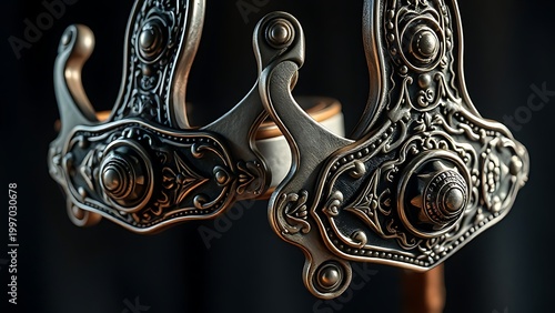 Intricate silver spurs and bridle buckle with detailed metalwork.
