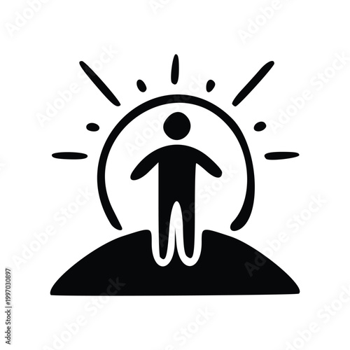 Silhouette of a person standing on a hill with a sunburst behind them, symbolizing hope and new beginnings.