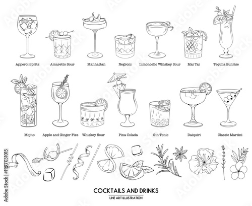Set of Cocktails Line Art; Drinks, Ingredients, Decorations and Accessories hand drawn Illustrations for menu, logo, advertising, packaging
