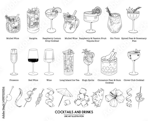 Set of Cocktails Line Art; Drinks, Ingredients, Decorations and Accessories hand drawn Illustrations for menu, logo, advertising, packaging
