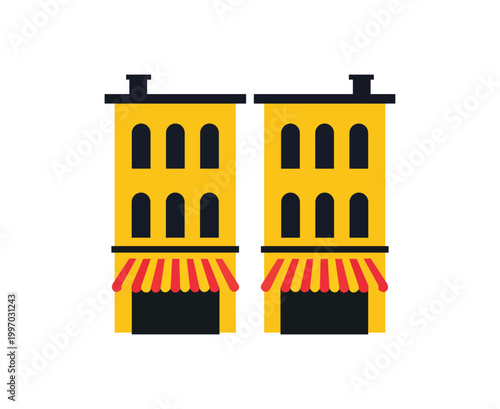 Two yellow apartment buildings with red striped awnings, flat vector icon of city storefronts or shops