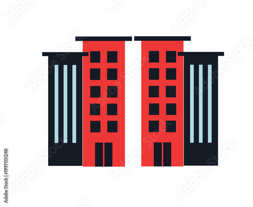 Four modern office buildings or skyscrapers, flat vector icon set of city architecture and urban development
