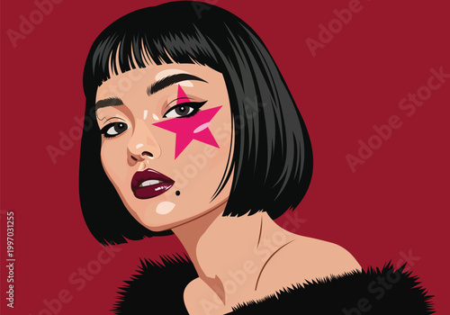 Portrait of a stylish young woman with a bob haircut and a pink star makeup design on her cheek against a solid red background