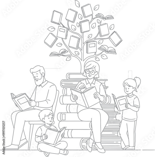 Diverse family members find joy and knowledge surrounded by books, reading together under a literary tree filled with stories and wisdom.