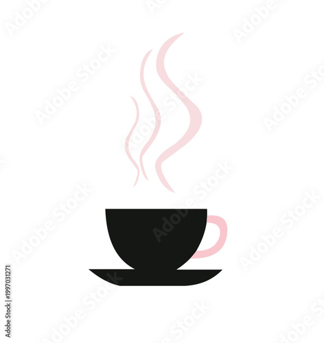 Minimalist icon of a black coffee cup with pink steam rising, a