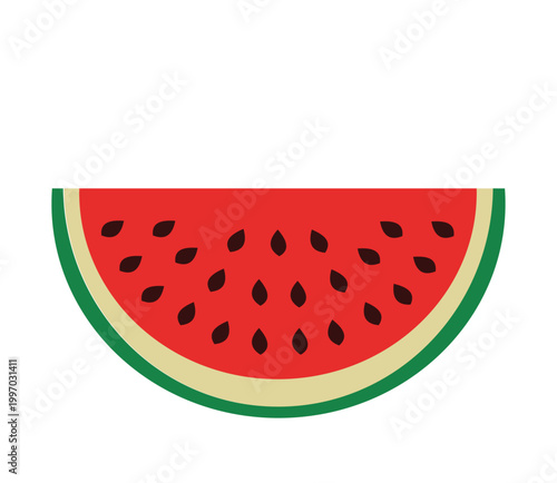 Half slice of red watermelon with black seeds and green rind fresh summer fruit illustration