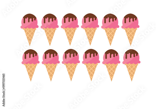 Twelve pink ice cream cones with chocolate sauce topping arranged in two rows
