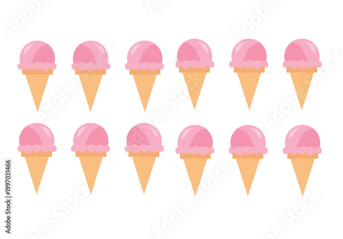 Twelve pink strawberry ice cream cones arranged in two rows