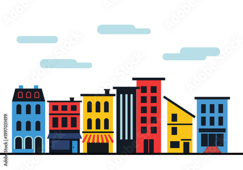 Set of colorful cartoon city buildings and houses, urban skyline with various architectural styles and sky clouds