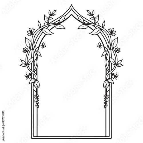 Cuadro en lienzo Decorative floral archway frame with vines and leaves line art vector illustrati