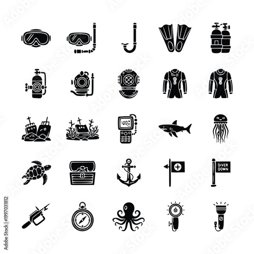A collection of black and white icons representing various diving and underwater exploration equipment and elements.