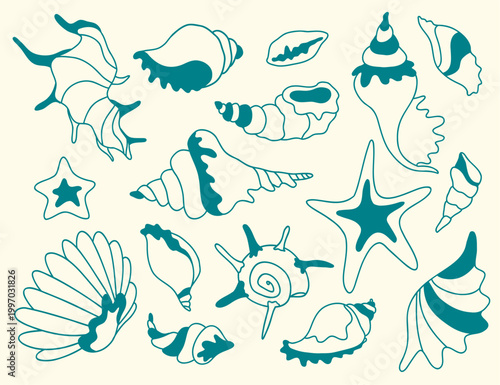 Teal Sea Shells and Starfish Minimalist Vector Set