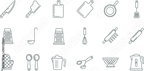 A comprehensive collection of modern outline kitchen utensil icons perfect for cooking blogs recipe websites and culinary graphic design projects featuring various tools and cookware elements