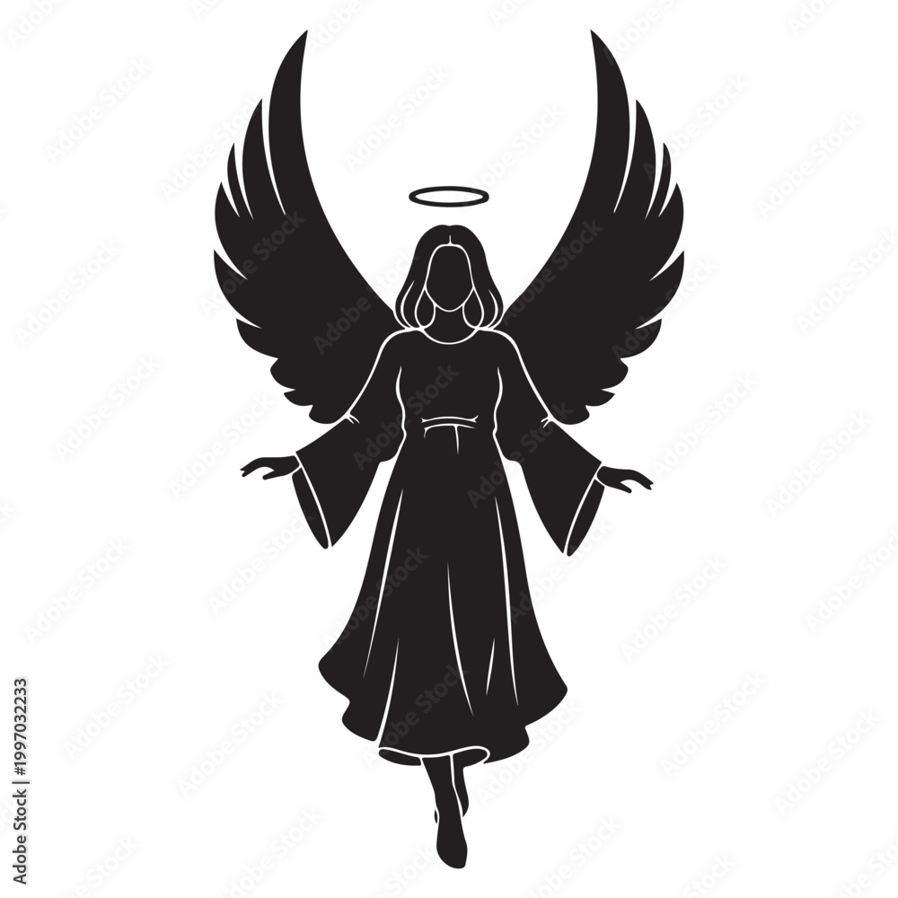 Naklejka premium Black silhouette of a female angel with wings and halo vector illustration isolated on white background
