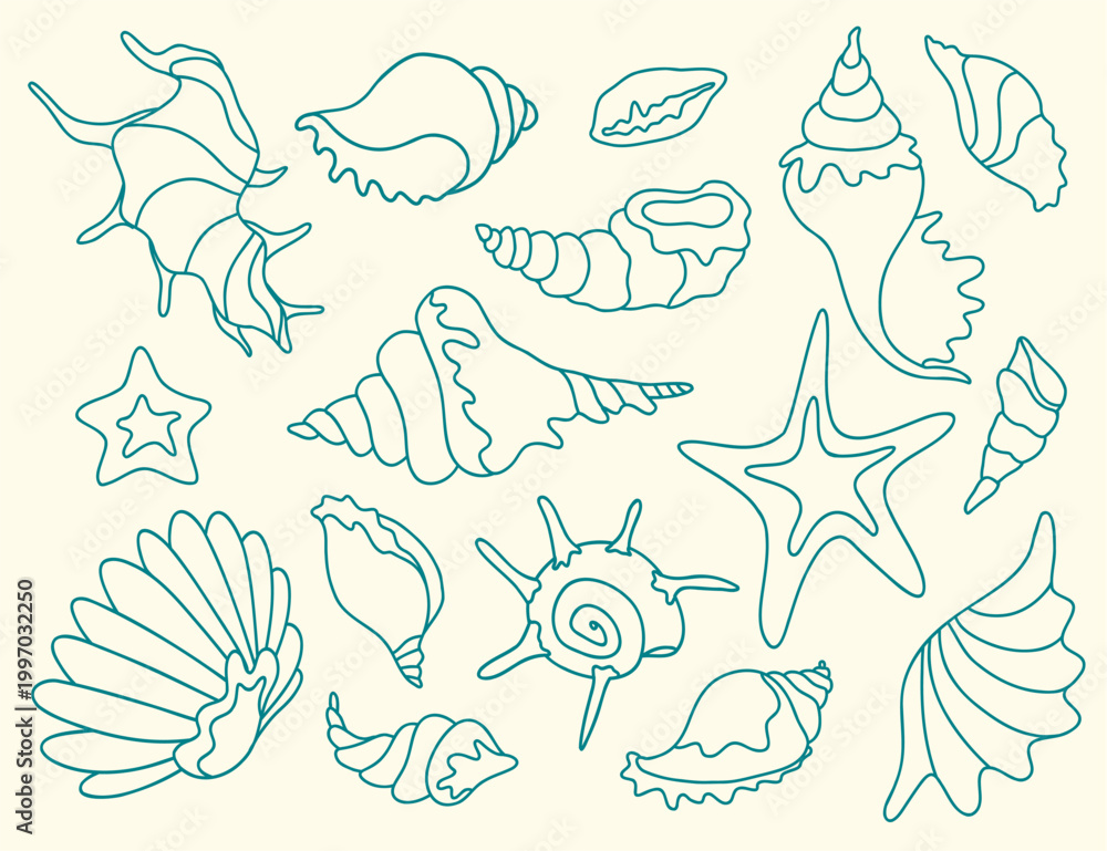 Fototapeta premium Teal Outline Sea Shells Minimalist Vector