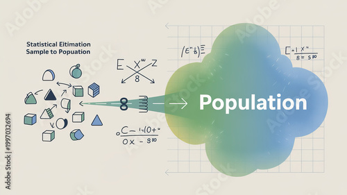Visualizing Population Data: An abstract representation of population statistics, featuring mathematical equations and graphic elements to illustrate data analysis and sampling