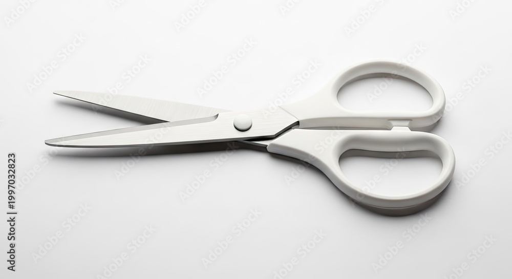 Obraz premium White scissors on a white surface with overhead lighting and copy space