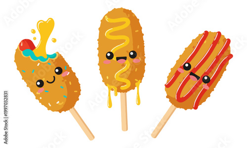 Kawaii Korean corn dog characters set with mustard and ketchup