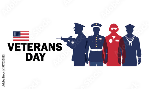 Veterans Day Illustration with US Flag and Military Silhouettes