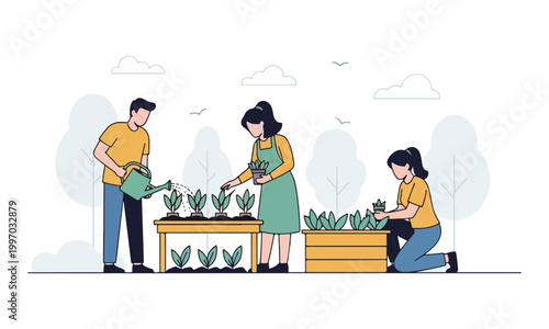 People Gardening and Watering Plants in Backyard Vector Illustration