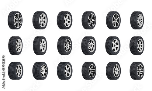 Car Wheels and Alloy Rims Collection on White Background