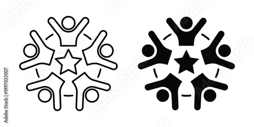 Community and teamwork celebration for success line icon set