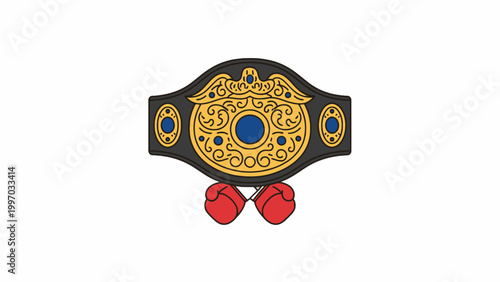 Championship belt with red boxing gloves on white background