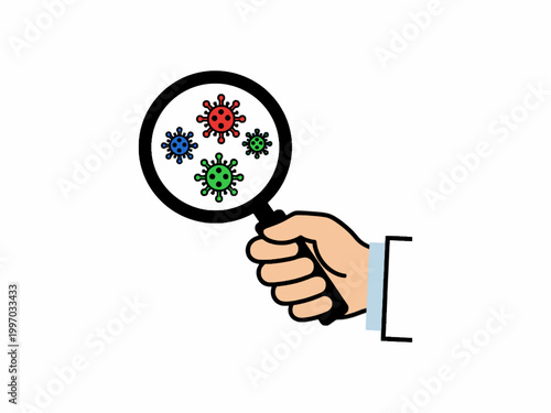 Magnifying glass examining virus icons held by hand on white