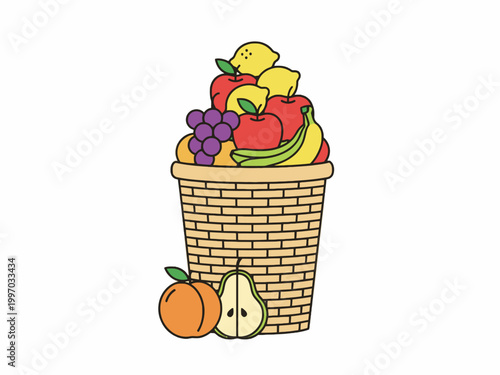 Wicker Basket with Mixed Fruits Vector Illustration