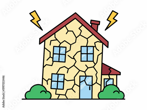 Cracked house illustration with structural damage and lightning