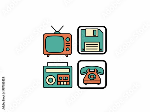 Retro Technology Icon Set featuring TV Radio Floppy Disk Telephone
