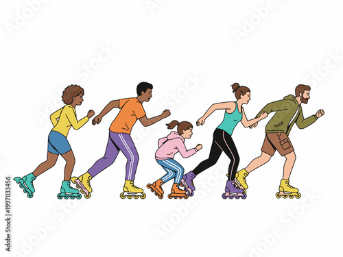 Diverse People Rollerblading Together Isolated on White Background