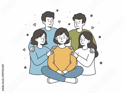 Group of Friends Supporting a Woman Sitting Cross-Legged