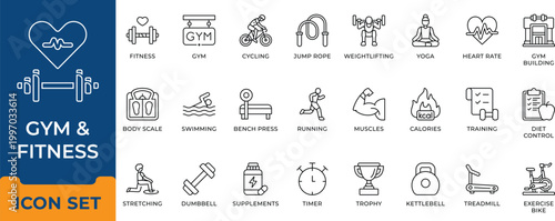 Gym and fitness line icon set. Workout, weightlifting, training equipment, yoga, running, healthy diet and bodybuilding outline vector symbols. Editable stroke.