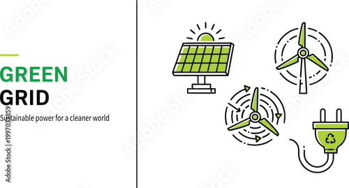Green grid concept with solar panel, wind turbines and eco friendly power plug