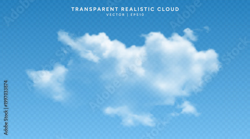 Realistic cloud isolated on a transparent background. Fluffy cloud with smooth, blurry edges and natural light. Realistic 3D cloud overlay effect. Vector