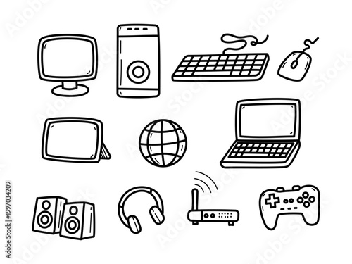 Set of  simple computer doodle illustration on a white background