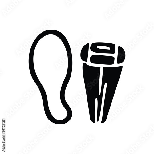 A black and white illustration of a shoe sole print next to a stylized representation of a shoe.