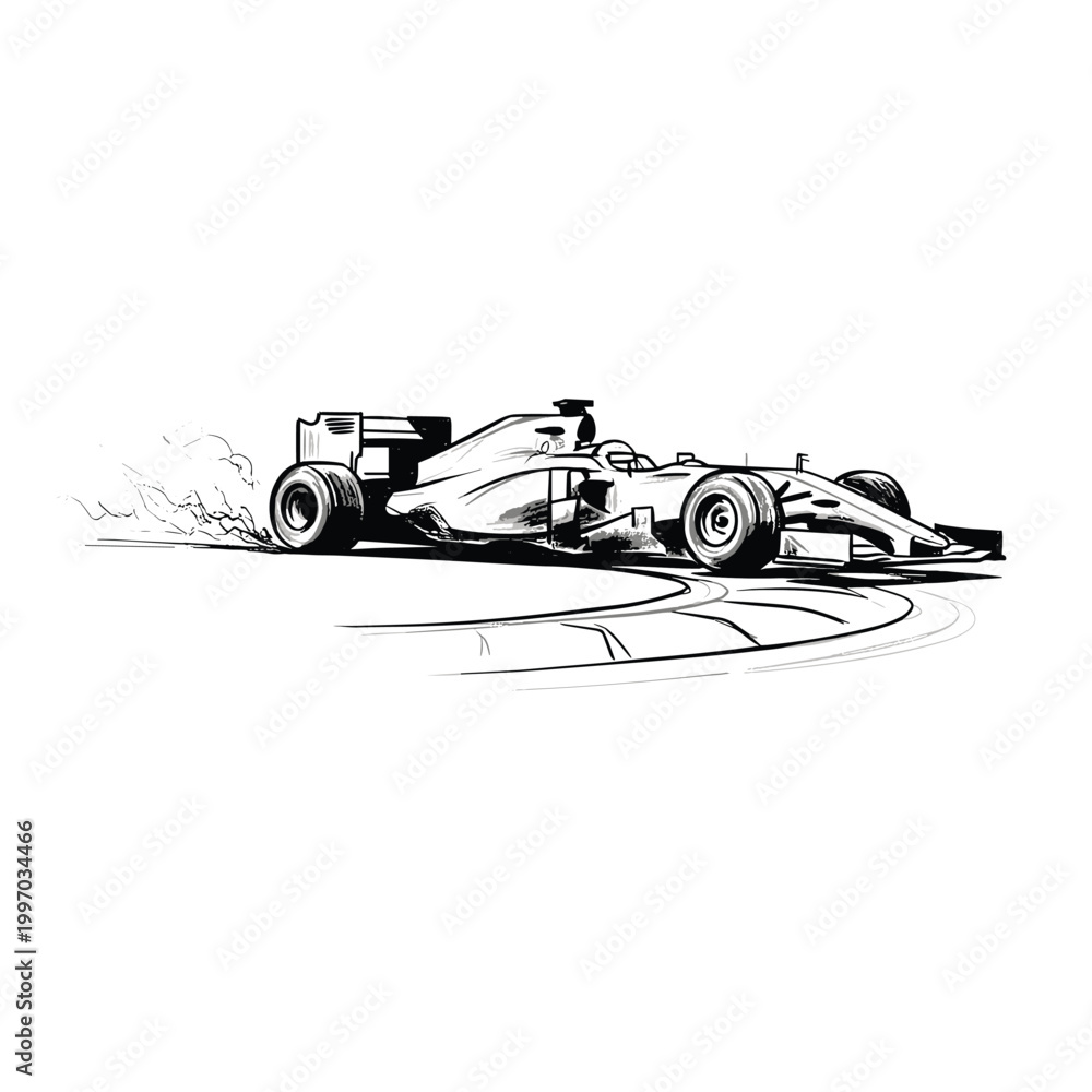 Fototapeta premium Dynamic sketch of a formula one race car speeding around a corner with smoke trailing
