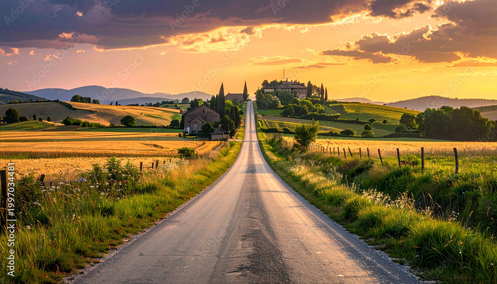 Naklejka premium Scenic country road through rolling hills at sunset in Tuscany.