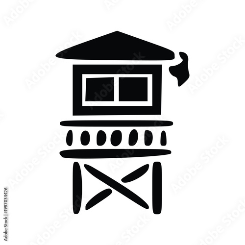 A black and white illustration of a simple guard tower with a flag on top.