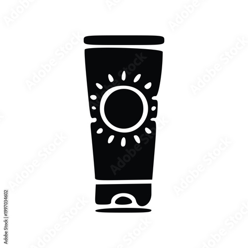 A black and white illustration of a tube of sunscreen with a sun graphic on it.